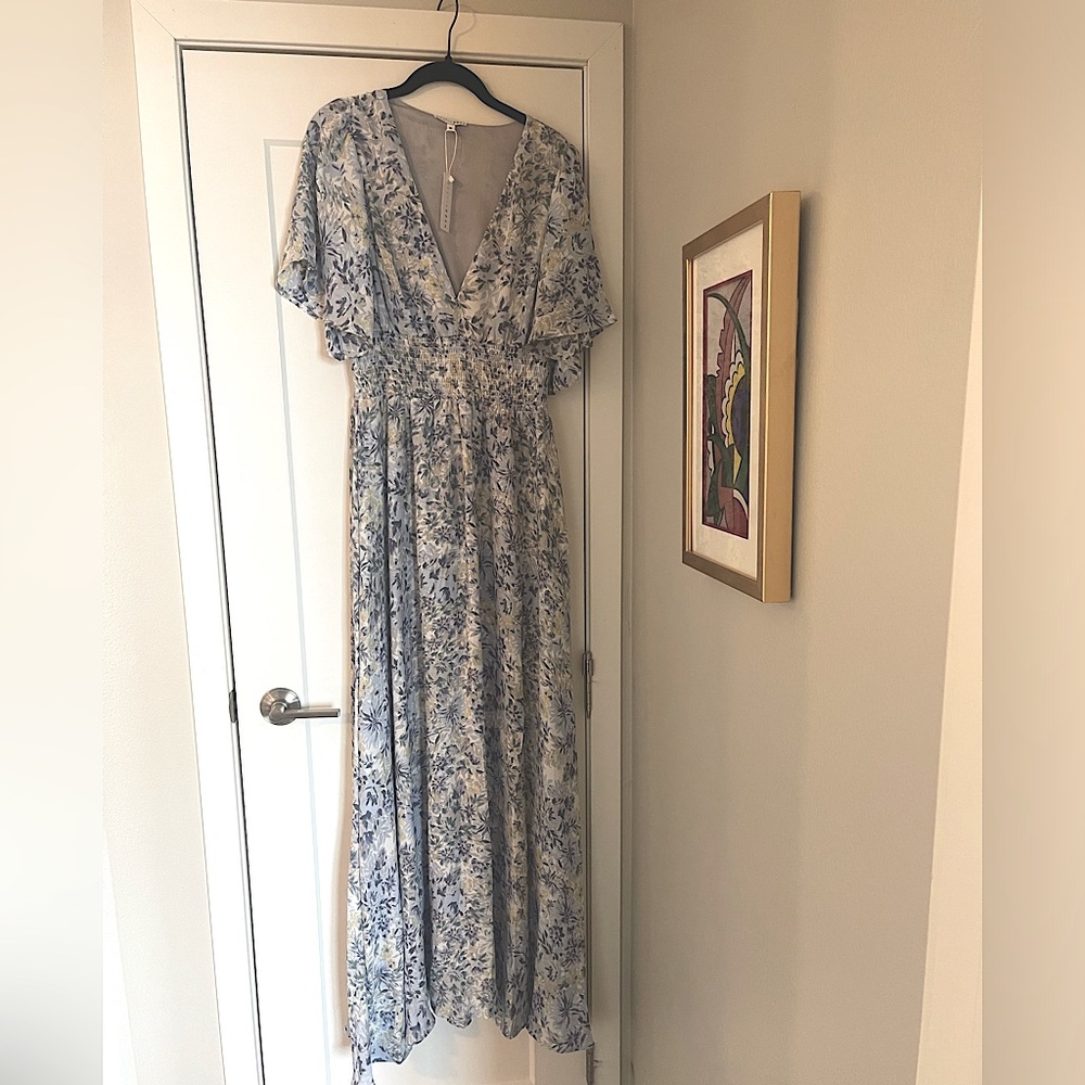 Baltic Born XL Dress Blue and White Print Verona Smocked Maxi Dress NWT!